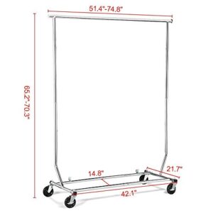 Yaheetech Commercial Clothing Garment Racks on Wheels, Grade Single Rod Adjustable Height Clothes Rack on Wheels for Hanging Clothes, Heavy Duty Upright Clothes Rack with Wheels, Silver