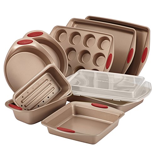 Rachael Ray Cucina Nonstick Bakeware Set Baking Cookie Sheets Cake Muffin Bread Pan, 10 Piece, Latte Brown with Cranberry Red Grips