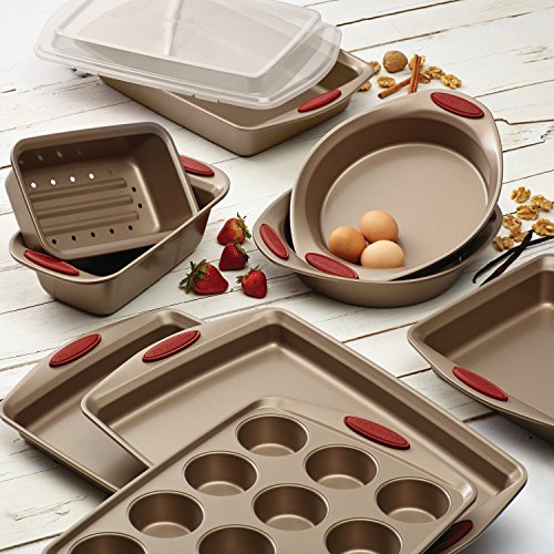 Rachael Ray Cucina Nonstick Bakeware Set Baking Cookie Sheets Cake Muffin Bread Pan, 10 Piece, Latte Brown with Cranberry Red Grips