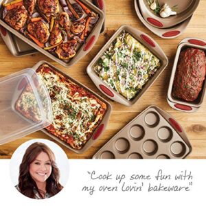 Rachael Ray Cucina Nonstick Bakeware Set Baking Cookie Sheets Cake Muffin Bread Pan, 10 Piece, Latte Brown with Cranberry Red Grips