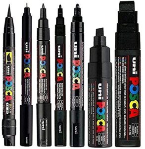 uni posca mixed marker pack - 7 paint markers in various sizes - brush, 1mr, 1m, 3m, 5m, 8k, 17k (black)