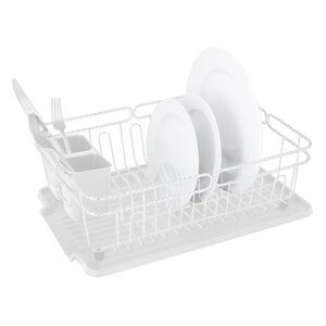 kitchen details 3 piece twisted chrome dish drying rack | cutlery basket | drain tray | countertop | sink | white