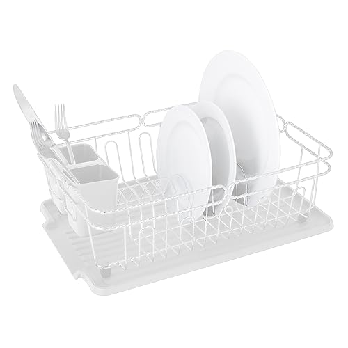 Kitchen Details 3 Piece Twisted Chrome Dish Drying Rack | Cutlery Basket | Drain Tray | Countertop | Sink | White