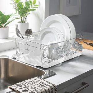 Kitchen Details 3 Piece Twisted Chrome Dish Drying Rack | Cutlery Basket | Drain Tray | Countertop | Sink | White