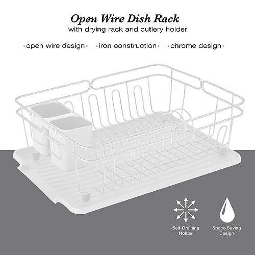 Kitchen Details 3 Piece Twisted Chrome Dish Drying Rack | Cutlery Basket | Drain Tray | Countertop | Sink | White