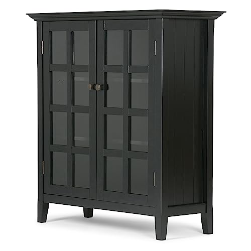 SIMPLIHOME Acadian SOLID WOOD 39 inch Wide Rustic Medium Storage Cabinet in Black, with 2 Tempered Glass Doors, 4 Adjustable Shelves