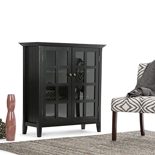 SIMPLIHOME Acadian SOLID WOOD 39 inch Wide Rustic Medium Storage Cabinet in Black, with 2 Tempered Glass Doors, 4 Adjustable Shelves