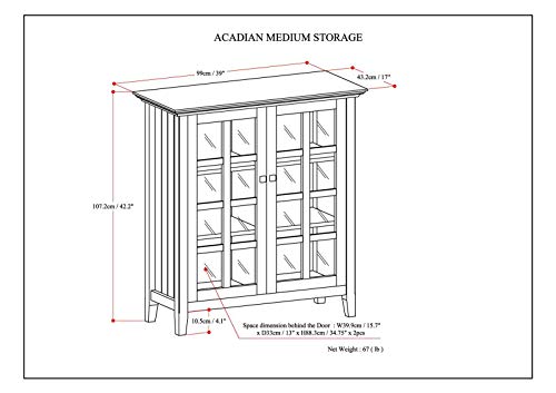 SIMPLIHOME Acadian SOLID WOOD 39 inch Wide Rustic Medium Storage Cabinet in Black, with 2 Tempered Glass Doors, 4 Adjustable Shelves