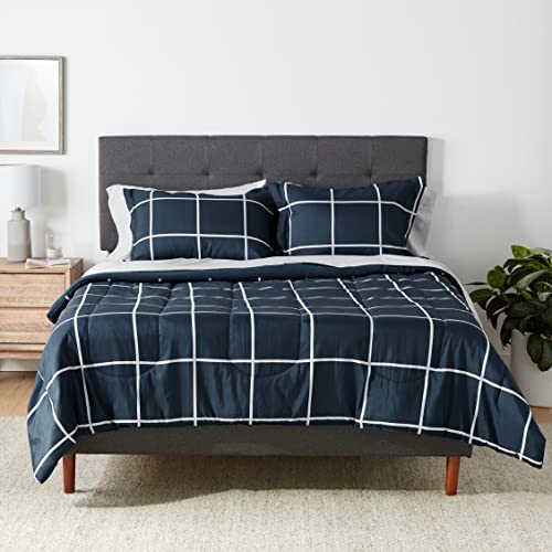 Amazon Basics Lightweight Microfiber Bed-in-a-Bag Comforter 7-Piece Bedding Set, Full/Queen, Navy with Simple Plaid