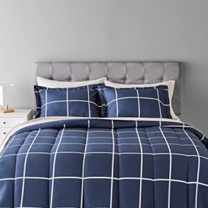 Amazon Basics Lightweight Microfiber Bed-in-a-Bag Comforter 7-Piece Bedding Set, Full/Queen, Navy with Simple Plaid