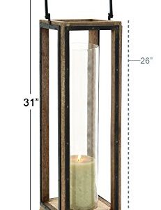 Deco 79 Mango Wood Handmade Pillar Candle Lantern, 8" x 8" x 31", Brown