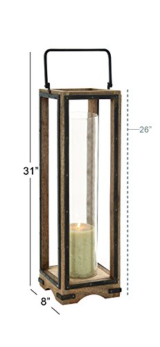 Deco 79 Mango Wood Handmade Pillar Candle Lantern, 8" x 8" x 31", Brown