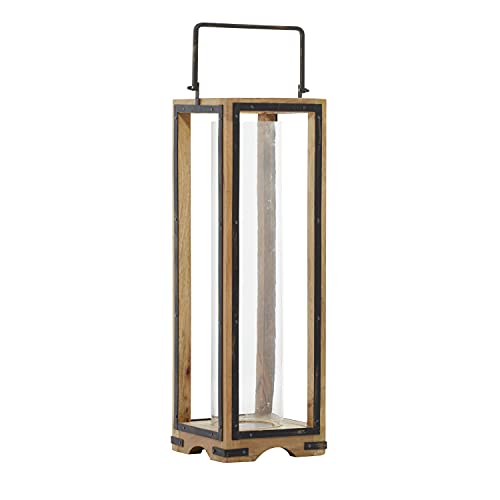 Deco 79 Mango Wood Handmade Pillar Candle Lantern, 8" x 8" x 31", Brown