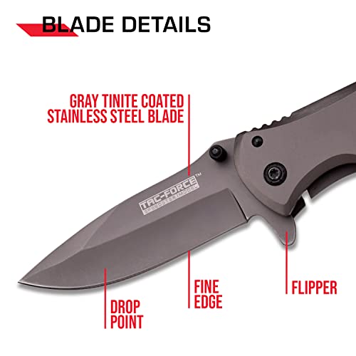 TAC FORCE Spring Assisted Folding Pocket Knife –Grey TiNite Coated Stainless Steel Blade and Handle, Frame Lock and Pocket Clip, Tactical, EDC, Rescue - TF-848