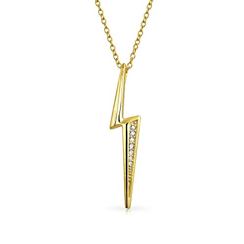 Bling Jewelry Minimalist Geometric Pave CZ Zig Zag Lightning Bolt Pendant Necklace For Women For Teen 14K Gold Plated Sterling Silver