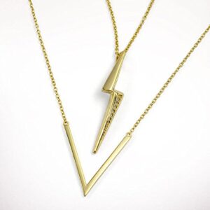 Bling Jewelry Minimalist Geometric Pave CZ Zig Zag Lightning Bolt Pendant Necklace For Women For Teen 14K Gold Plated Sterling Silver