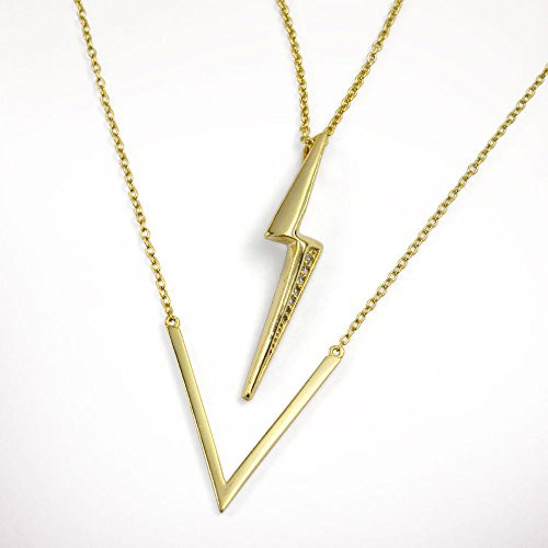 Bling Jewelry Minimalist Geometric Pave CZ Zig Zag Lightning Bolt Pendant Necklace For Women For Teen 14K Gold Plated Sterling Silver