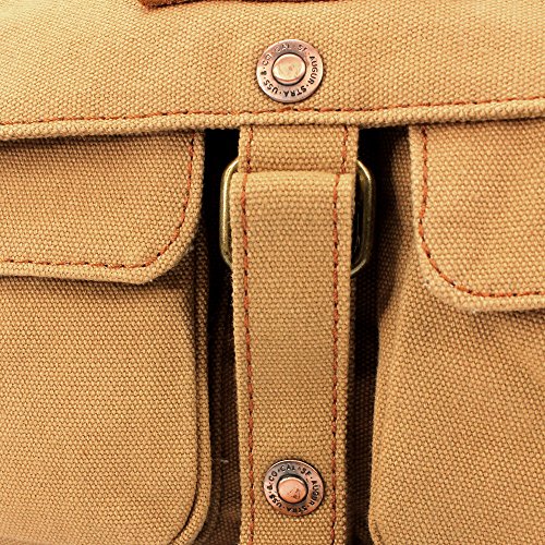 GEARONIC Men Women Vintage Canvas Leather Tote Satchel College Military Shoulder Messenger Sling Crossbody Hiking Bag Backpack For Toiletry Gym Travel Work Laptop-Khaki