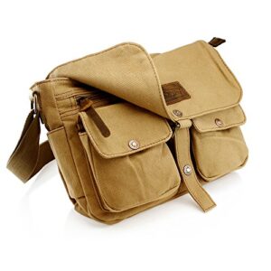 GEARONIC Men Women Vintage Canvas Leather Tote Satchel College Military Shoulder Messenger Sling Crossbody Hiking Bag Backpack For Toiletry Gym Travel Work Laptop-Khaki