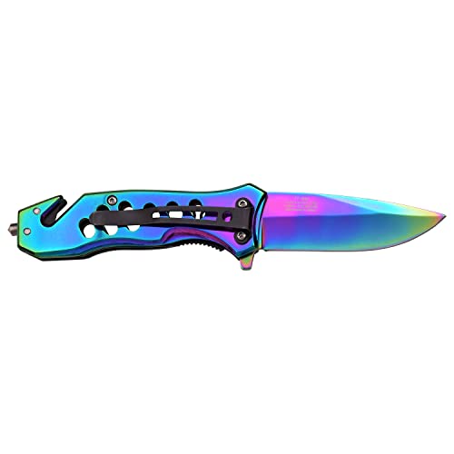 TAC Force Spring Assisted Folding Pocket Knife – Rainbow TiNite Coated Stainless Steel Blade and Handle, Glass Punch and Pocket Clip, Tactical, EDC, Rescue - TF-844