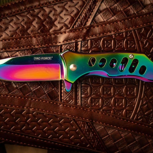 TAC Force Spring Assisted Folding Pocket Knife – Rainbow TiNite Coated Stainless Steel Blade and Handle, Glass Punch and Pocket Clip, Tactical, EDC, Rescue - TF-844