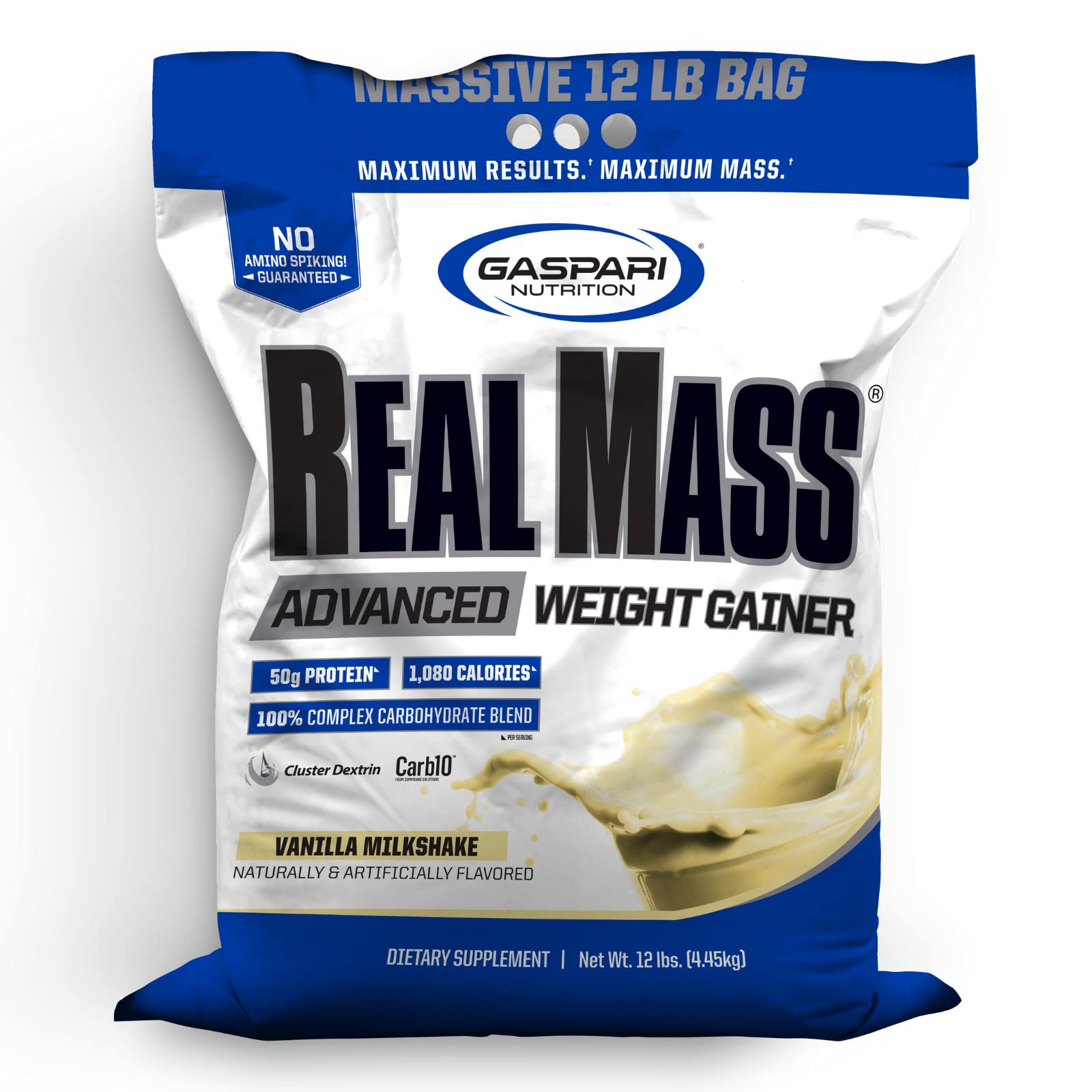 Gaspari Nutrition Real Mass, Advanced Weight Gainer, High Protein, Gycofuse Carbs, and Creatine Monohydrate, Modern Formulation for Mass (12 Pounds, Vanilla Milkshake)