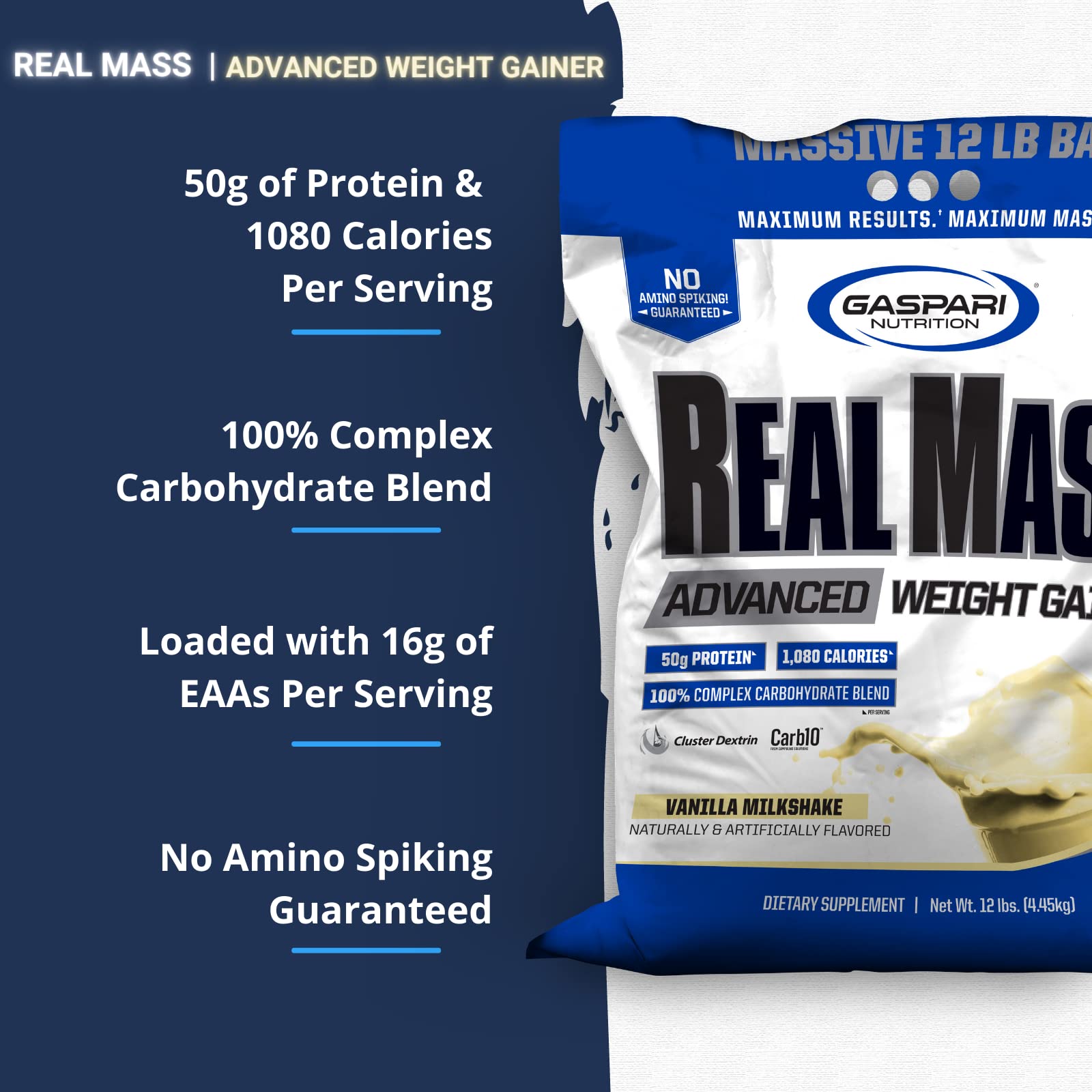 Gaspari Nutrition Real Mass, Advanced Weight Gainer, High Protein, Gycofuse Carbs, and Creatine Monohydrate, Modern Formulation for Mass (12 Pounds, Vanilla Milkshake)