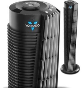 vornado compact 29" tower air circulator, with all new signature v-flow technology, 3 speed settings and energy led saving timer, remote control included