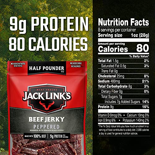 Jack Link's Beef Jerky, Peppered, 1/2 Pounder Bag - Flavorful Meat Snack, 9g of Protein and 80 Calories, Made with Premium Beef - 96% Fat Free, No Added MSG** or Nitrates/Nitrites