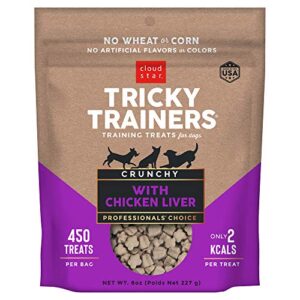 cloud star tricky trainers crunchy dog training treats 8 oz pouch, chicken liver flavor, low calorie behavior aid with 450 treats