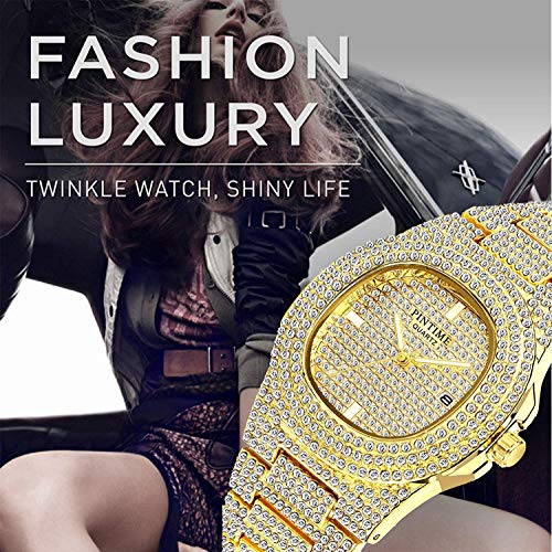 FANMIS Unisex Luxury Crystal Diamond Watches Silver Gold Fashion Quartz Analog Watch Stainless Steel Band Bracelet Big Face Women's Men's