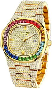 fanmis luxury bling-ed out colorful full diamond watches gold fashion quartz analog stainless steel band bracelet wrist watch