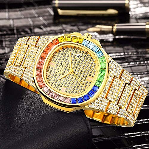 FANMIS Luxury Bling-ed Out Colorful Full Diamond Watches Gold Fashion Quartz Analog Stainless Steel Band Bracelet Wrist Watch