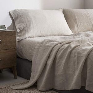 simple&opulence 100% washed linen sheet set-queen size-natural france flax bed sheet-4 pcs breathable,ultra soft,farmhouse bedding (1 flat sheet,1 fitted sheet,2 pillowcases)-embroidery linen