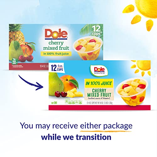 Dole Fruit Bowls Cherry Mixed Fruit in 100% Juice, Back To School, Gluten Free Healthy Snack, 4oz, 12 Total Cups