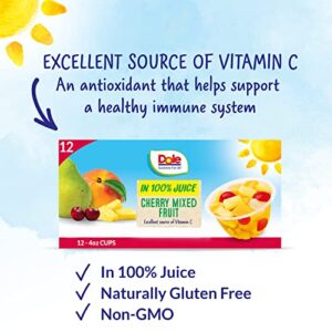 Dole Fruit Bowls Cherry Mixed Fruit in 100% Juice, Back To School, Gluten Free Healthy Snack, 4oz, 12 Total Cups