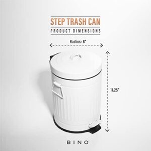 BINO Round Step Trash Can | Home or Office Bathroom Trash Cans with Lids | Kitchen Garbage Can with Non-Slip Stepper | Stainless Steel Small Trash Can with Lid | Matte White (1.3 Gallon/5 Liter)