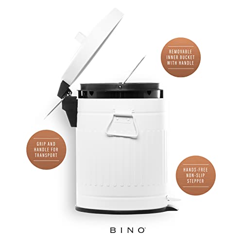 BINO Round Step Trash Can | Home or Office Bathroom Trash Cans with Lids | Kitchen Garbage Can with Non-Slip Stepper | Stainless Steel Small Trash Can with Lid | Matte White (1.3 Gallon/5 Liter)