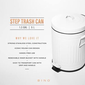 BINO Round Step Trash Can | Home or Office Bathroom Trash Cans with Lids | Kitchen Garbage Can with Non-Slip Stepper | Stainless Steel Small Trash Can with Lid | Matte White (1.3 Gallon/5 Liter)