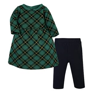 hudson baby infant and toddler girl quilted cotton dress and leggings, forest green plaid, 5 toddler