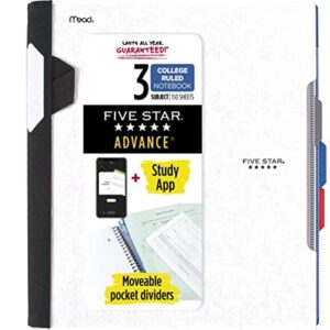 five star advance spiral notebook plus study app, 3 subject, college ruled paper, 11" x 8-1/2", 150 sheets, with spiral guard and movable dividers, white, 1 count (73142)