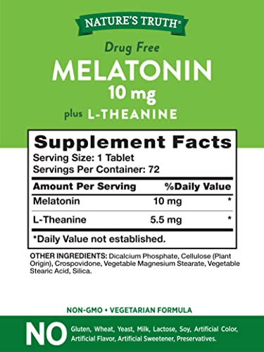 Nature's Truth Maximum Strength Melatonin 10 mg Plus L-Theanine Capsules, 72 Count