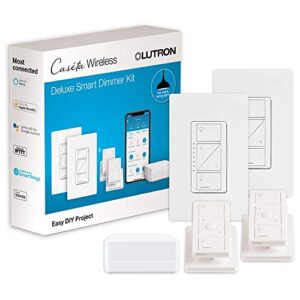lutron caseta deluxe smart dimmer switch (2 count) kit with caseta smart hub | works with alexa, apple home, ring, google assistant | p-bdg-pkg2w | white