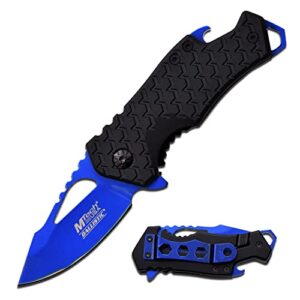 mtech usa – spring assisted folding knife – blue fine edge stainless steel blade with black nylon fiber handle, bottle opener, pocket clip, tactical, edc, self defense- mt-a882bl