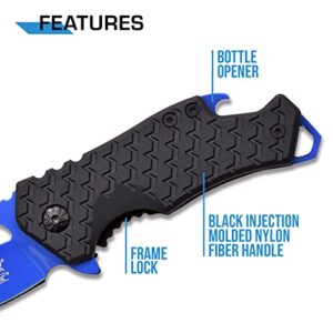 MTech USA – Spring Assisted Folding Knife – Blue Fine Edge Stainless Steel Blade with Black Nylon Fiber Handle, Bottle Opener, Pocket Clip, Tactical, EDC, Self Defense- MT-A882BL