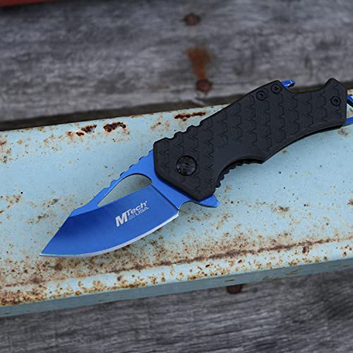 MTech USA – Spring Assisted Folding Knife – Blue Fine Edge Stainless Steel Blade with Black Nylon Fiber Handle, Bottle Opener, Pocket Clip, Tactical, EDC, Self Defense- MT-A882BL