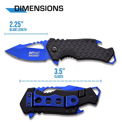 MTech USA – Spring Assisted Folding Knife – Blue Fine Edge Stainless Steel Blade with Black Nylon Fiber Handle, Bottle Opener, Pocket Clip, Tactical, EDC, Self Defense- MT-A882BL