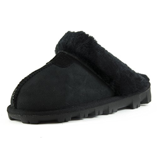 CLPP'LI Womens Slip on Faux Fur Warm Winter Mules Fluffy Suede Comfy Slippers-Black-8