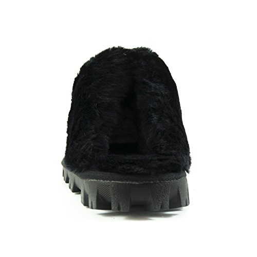 CLPP'LI Womens Slip on Faux Fur Warm Winter Mules Fluffy Suede Comfy Slippers-Black-8