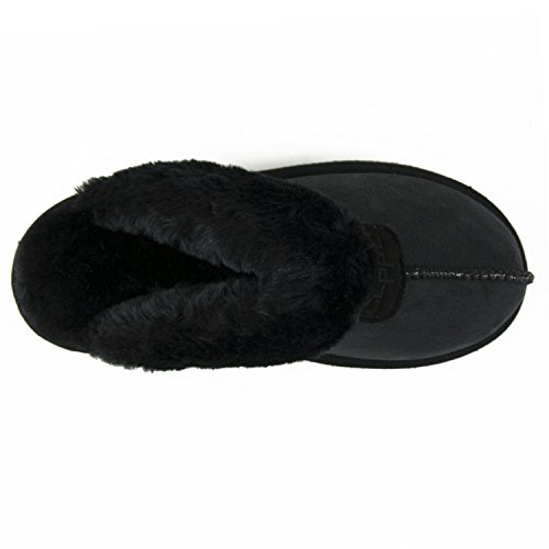 CLPP'LI Womens Slip on Faux Fur Warm Winter Mules Fluffy Suede Comfy Slippers-Black-8